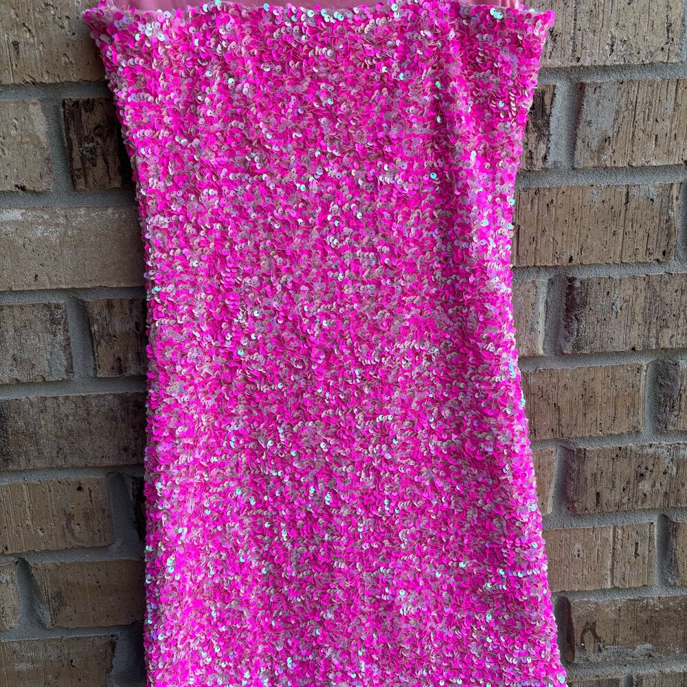 Allison & Kelly Hot Pink Sequin Mini Dress Bodycon Spaghetti Strap Party Small - Picture 5 of 12
